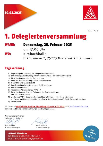 Einladung Delegiertenversammlung 20.02.2025